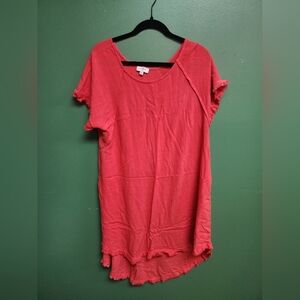 Umgee Coral Linen Blend Top Frayed Hem Short Sleeve Boho Relaxed Fit Size L